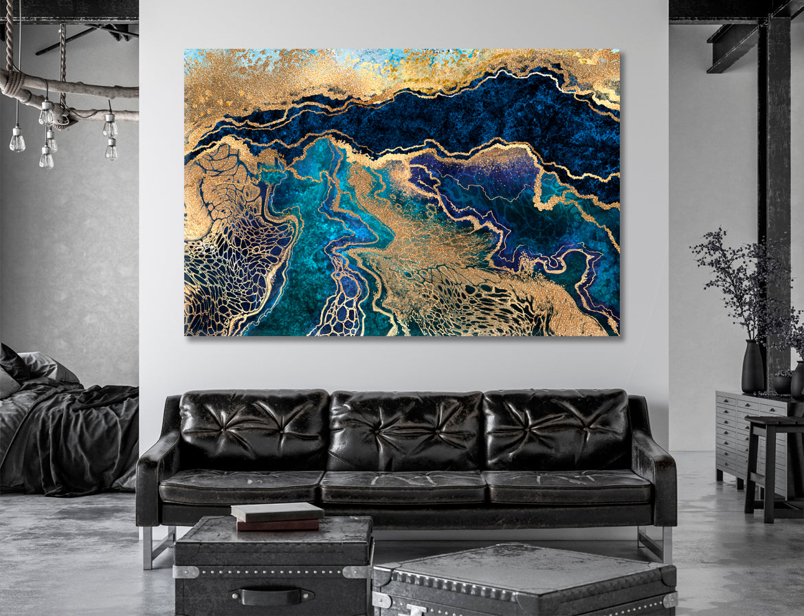 BLUE GOLD MARBLE Abstract Swirls Natural Luxury Style Fluid Art, Oriental Marbling Canvas Print Artesty   