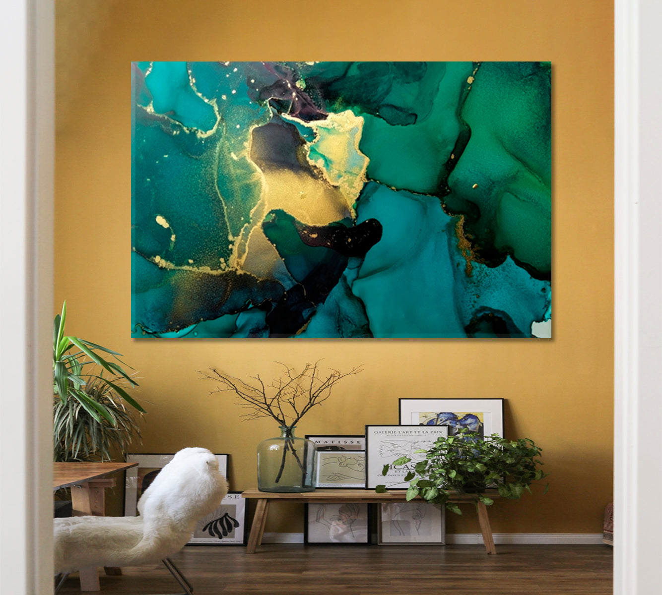Luxury Abstract Fluid Art Painting Alcohol Ink Green and Gold Fluid Art, Oriental Marbling Canvas Print Artesty   
