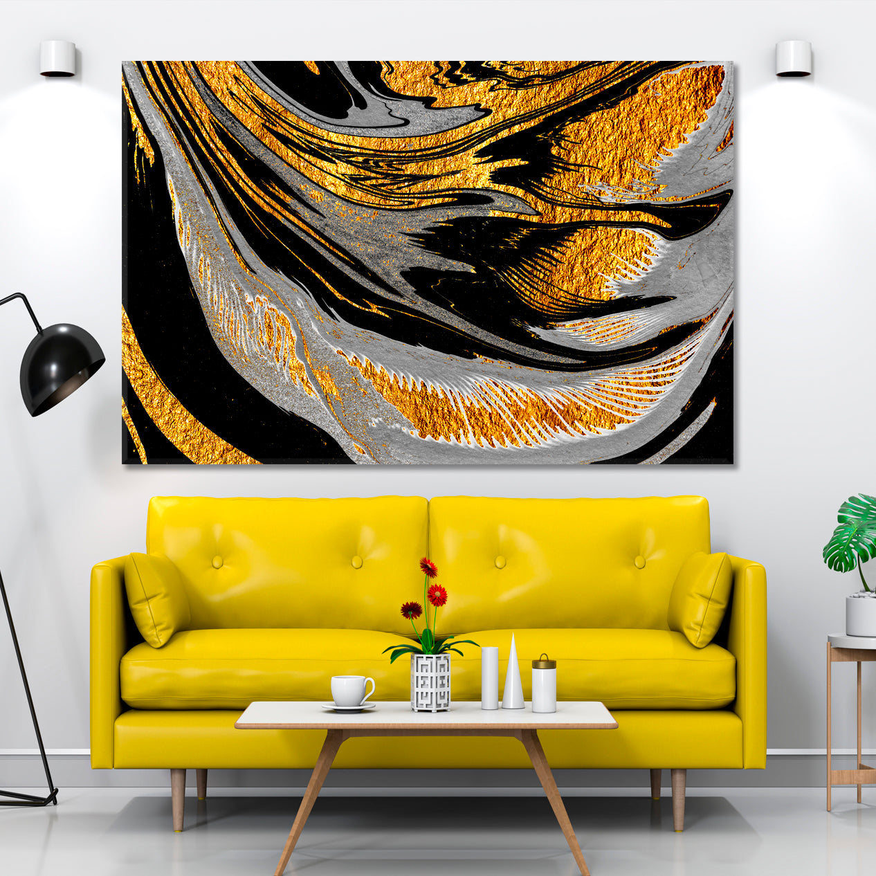 Bright Black Grey Gold Swirls Oriental Suminagashi Japanese Marble Fluid Art, Oriental Marbling Canvas Print Artesty   