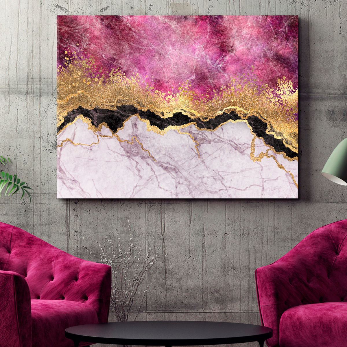 Abstract Pink Marble with Veins Stone Pattern Gold Foil Glitter Fluid Art, Oriental Marbling Canvas Print Artesty 1 panel 24" x 16" 