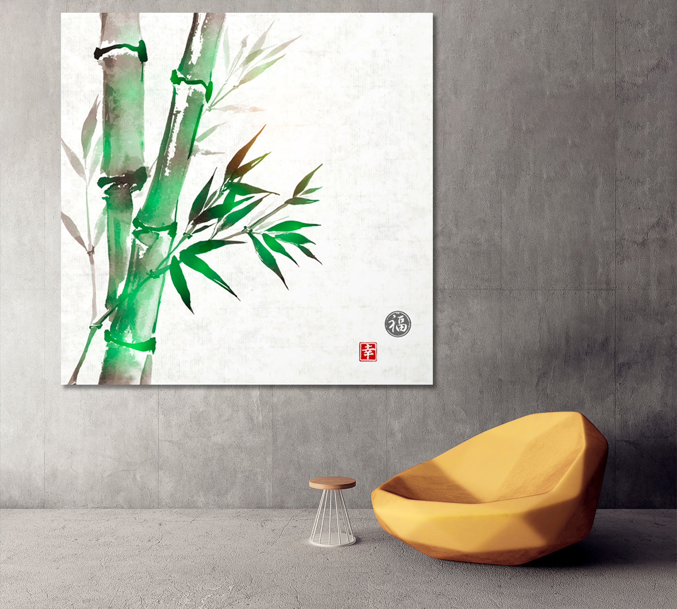 LUCK AND HAPPINESS Green Bamboo Sumi-e style ZEN Canvas Print - Square Asian Style Canvas Print Wall Art Artesty   