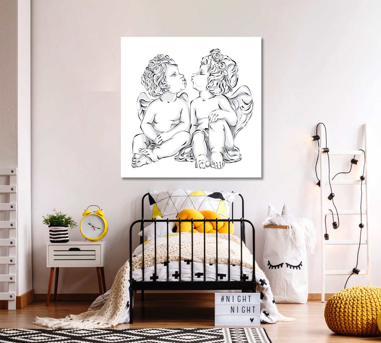 Two Little Angels Cupid Black & White Art Poster Canvas Print | Square Panel Black and White Wall Art Print Artesty   