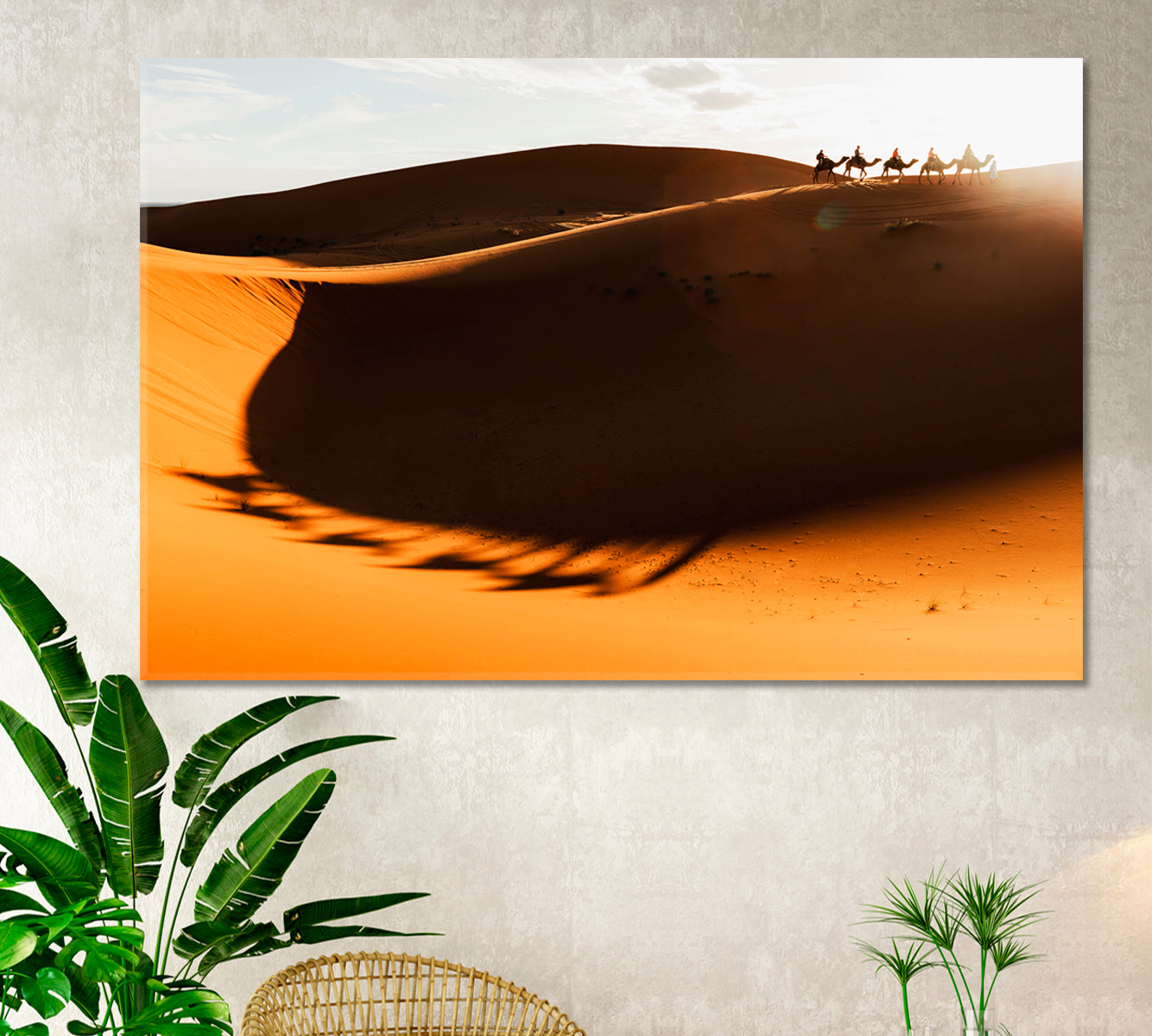 CAMEL CARAVAN Desert Sand Dunes Light of Sunset Shadows Sahara Canvas Print Scenery Landscape Fine Art Print Artesty   
