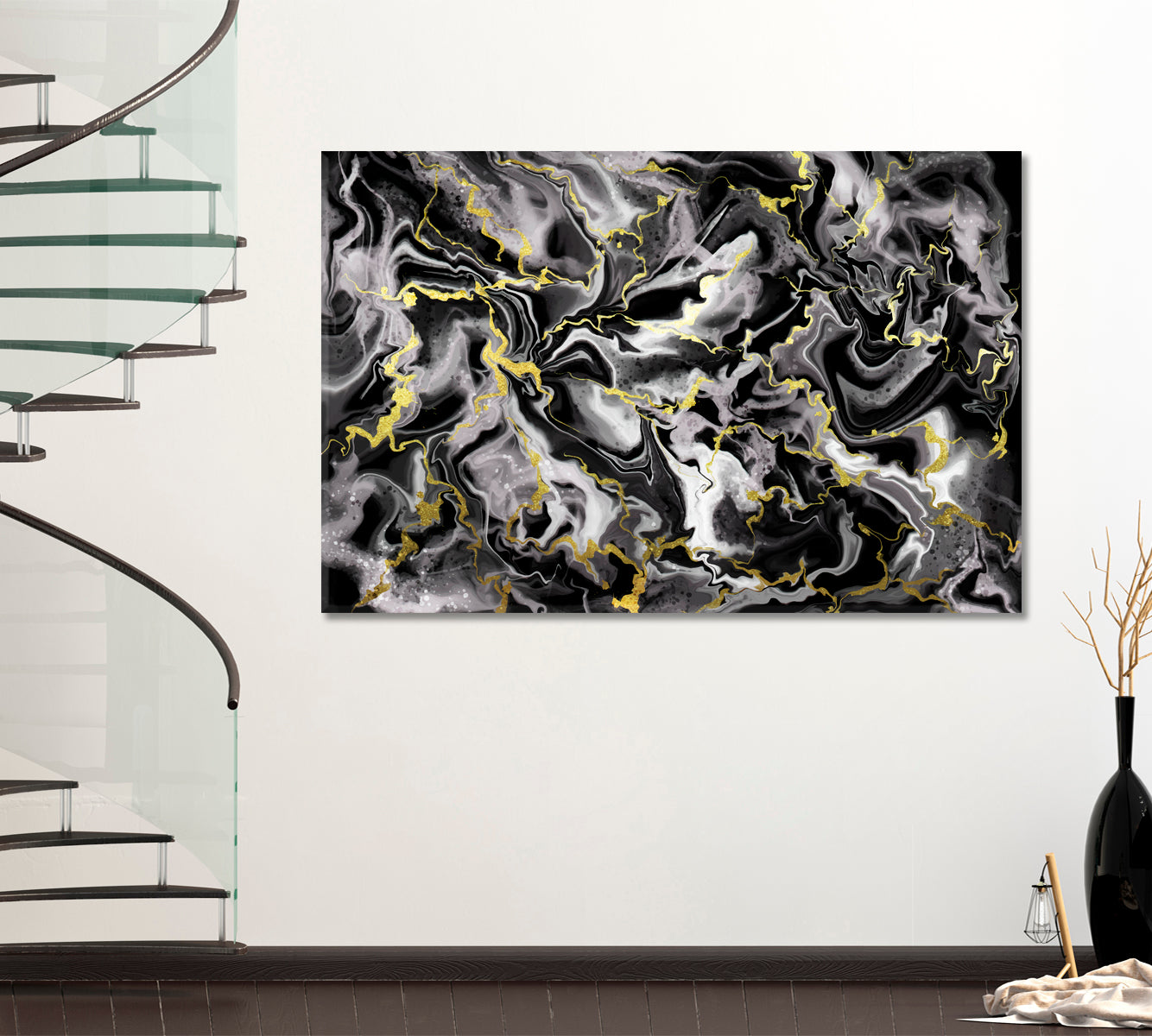 Liquid Marble Black Smoke Gold Splashes Fluid Fluid Art, Oriental Marbling Canvas Print Artesty   