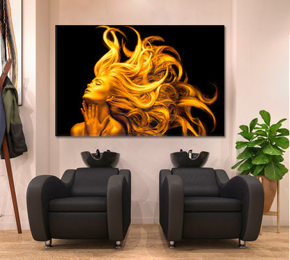 ART PORTRAIT Gold Beautiful Women Fluttering Hair Hairstyle Beauty Salon Artwork Prints Artesty 1 panel 24" x 16" 