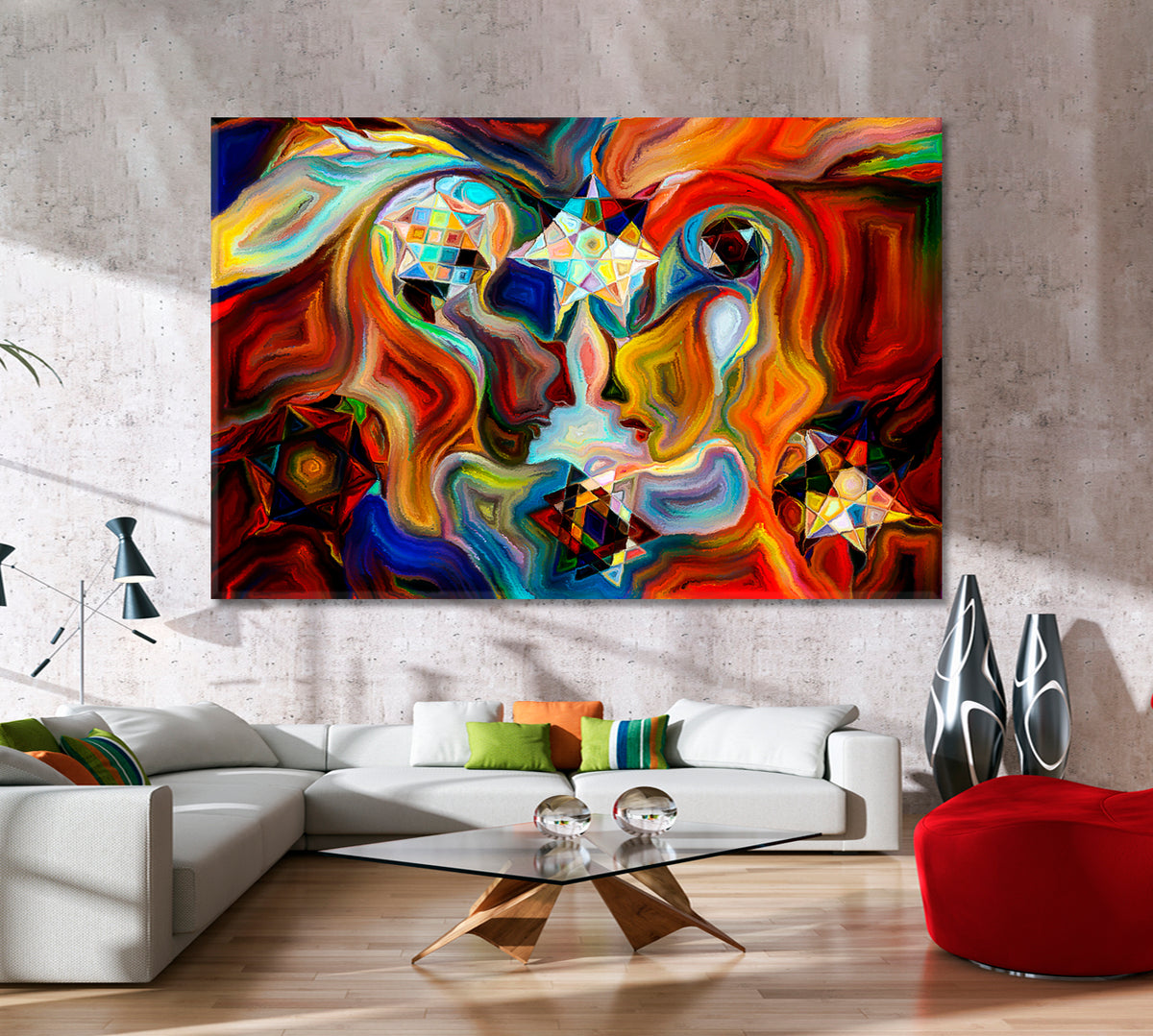ABSTRACT INTERPLAY Mystic Profiles Colorful Patterns Symbols Vivid Shapes Abstract Art Print Artesty 1 panel 24" x 16" 