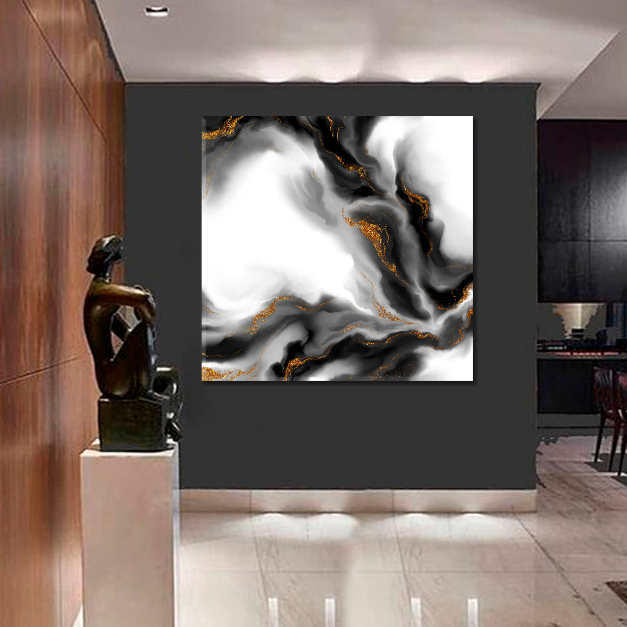 Black and White Marble Beautiful Trendy Art  - Square Panel Fluid Art, Oriental Marbling Canvas Print Artesty 1 Panel 46"x46" 