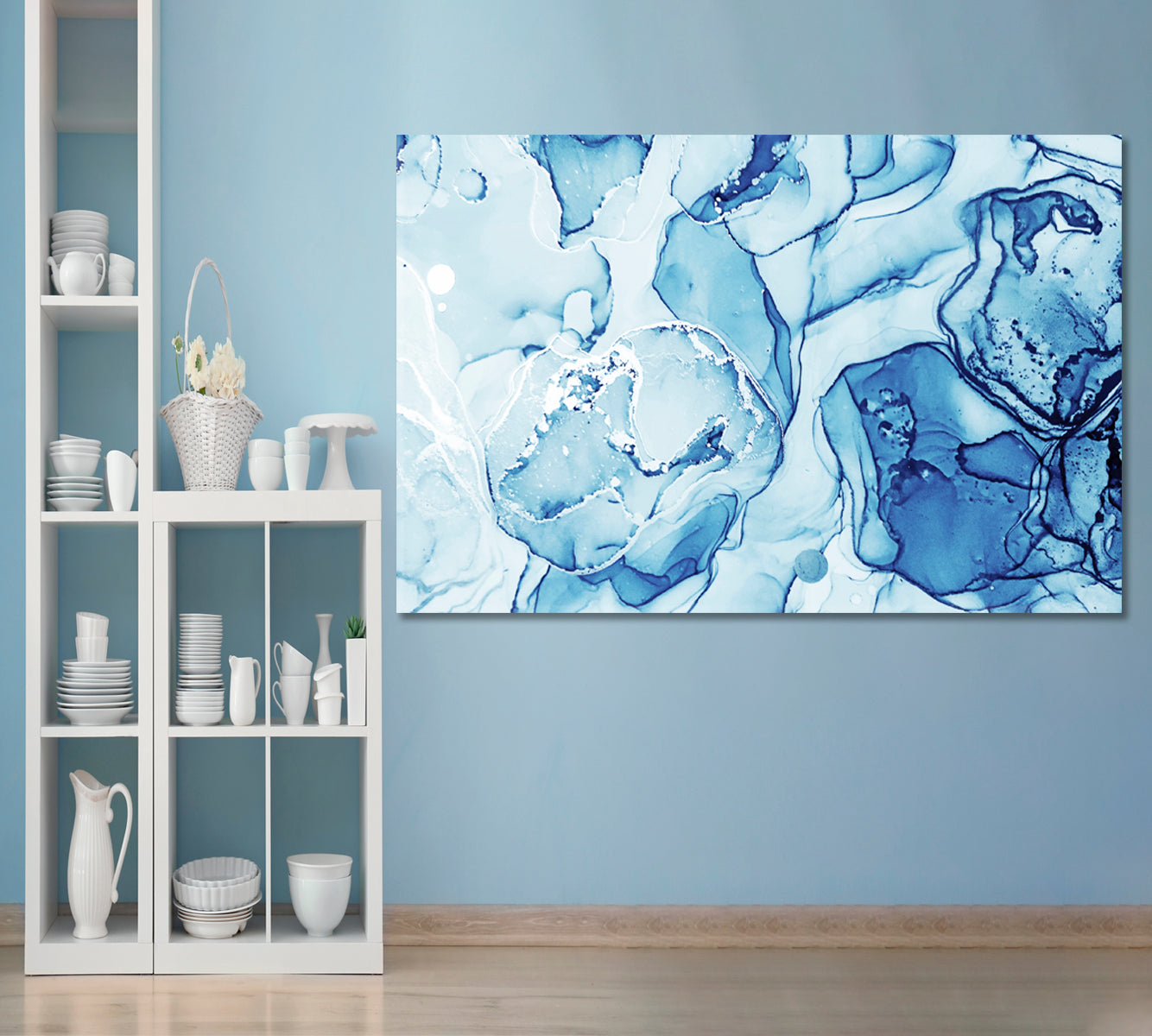 Alcohol Ink Sapphirine Blue White Sea Waves Marble Fluid Art, Oriental Marbling Canvas Print Artesty 1 panel 24" x 16" 