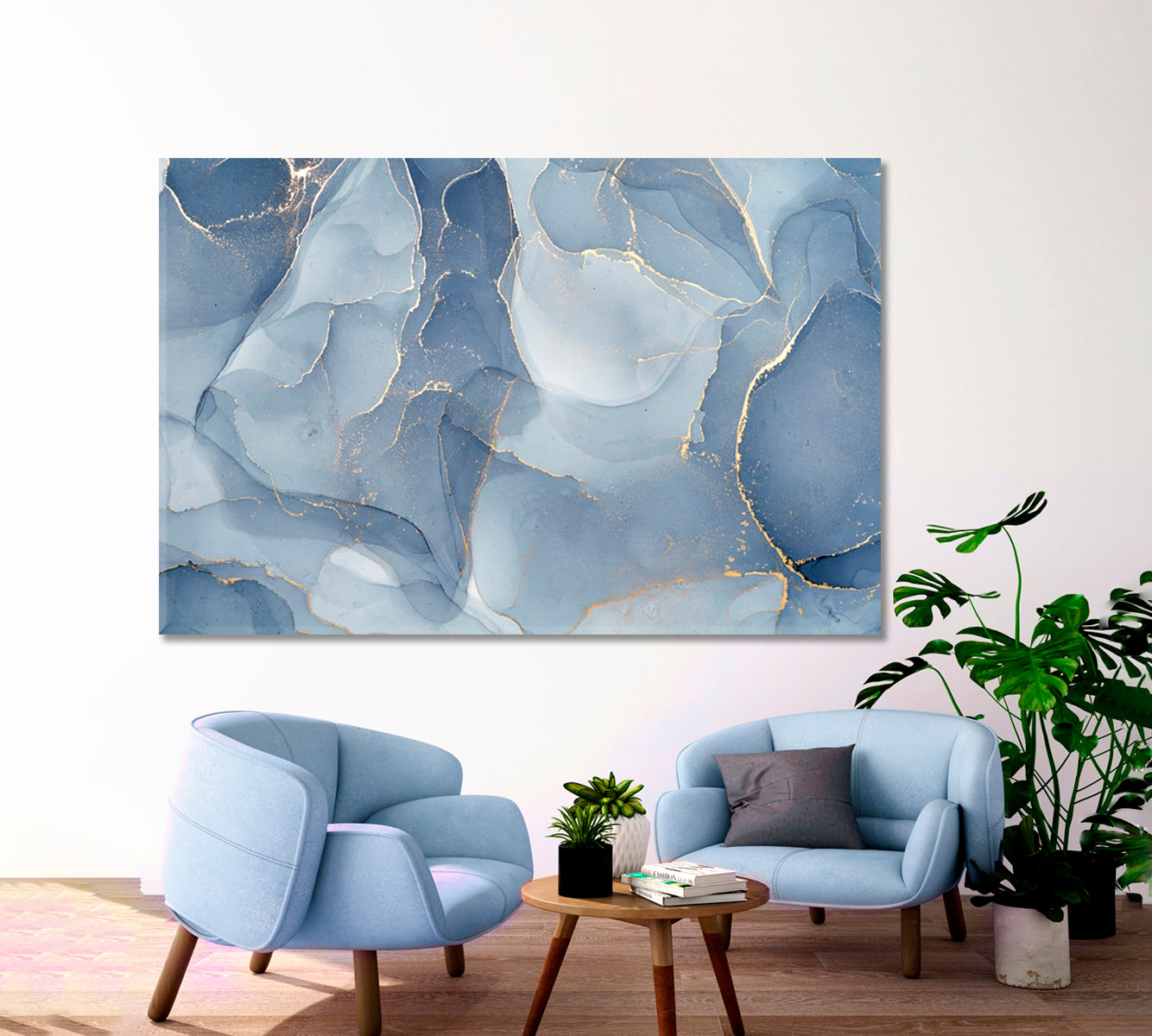 ABSTRACT SKYSCAPE Tender Soft Blue Modern Marble Pattern Fluid Art, Oriental Marbling Canvas Print Artesty   