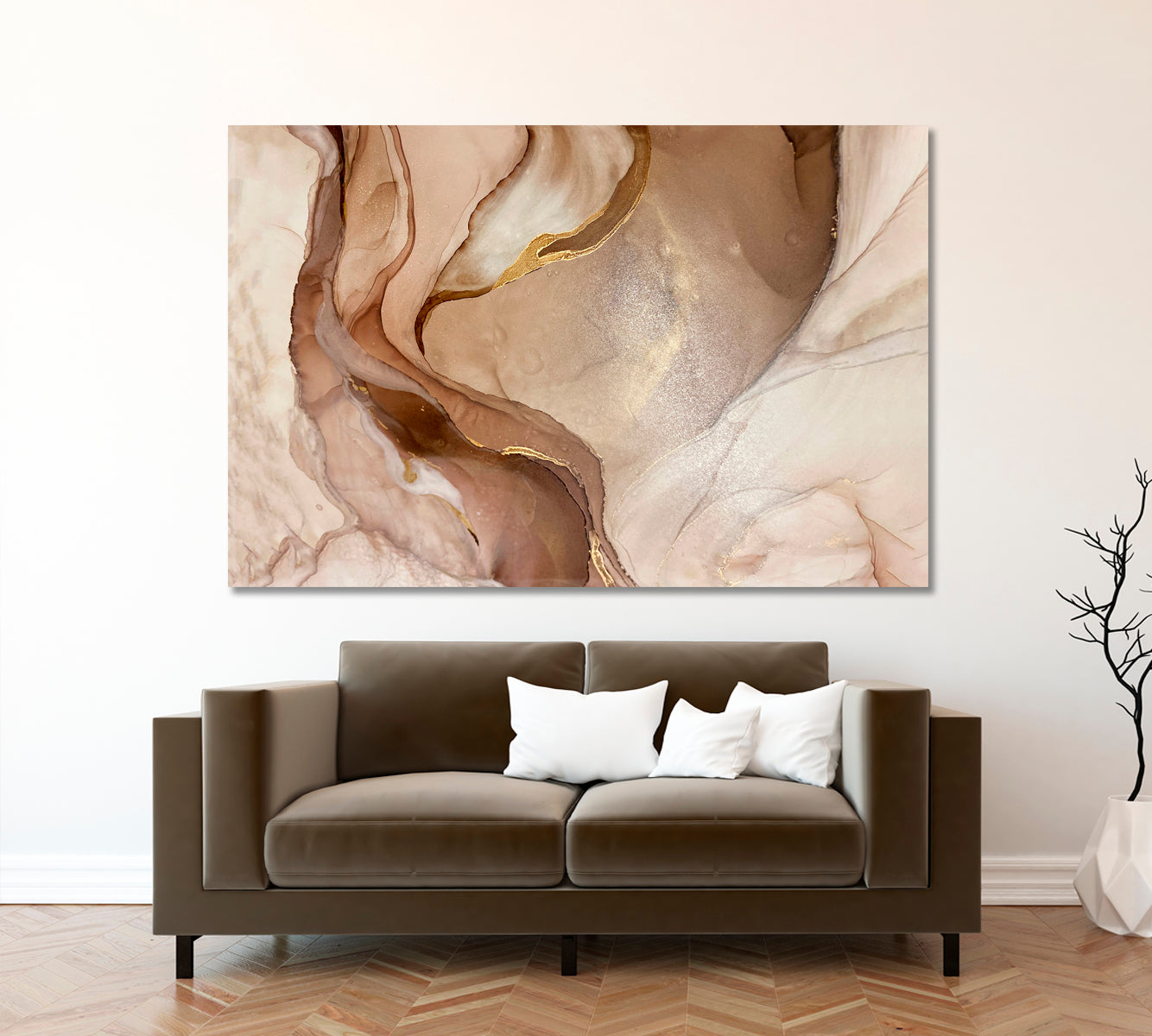 Abstract Marble Beige Golden Veins Neutral Earth Tones Ink Painting Fluid Art, Oriental Marbling Canvas Print Artesty   