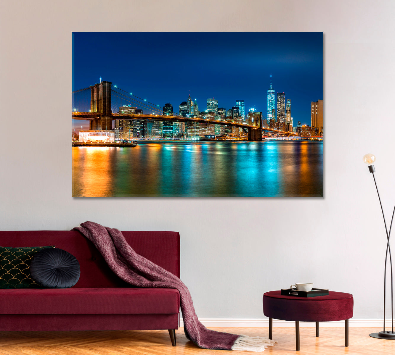 New York City Skyline  Brooklyn Bridge Park Night Panorama Cities Wall Art Artesty 1 panel 24" x 16" 