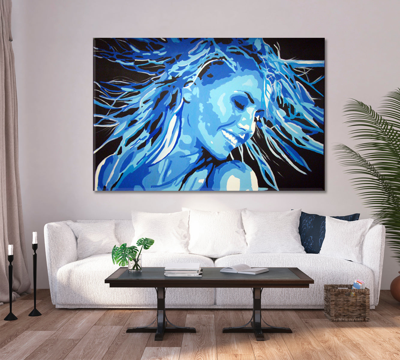 BLUE SMILE Fluttering Hair Fashion Art Portrait Hairstyle Beauty Contemporary Art Artesty 1 panel 24" x 16" 