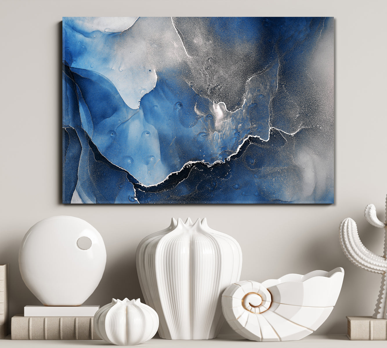 ABSTRACT SKY Translucent Dark Blue Ink Flow Black Gray Marble Veins Fluid Art, Oriental Marbling Canvas Print Artesty   