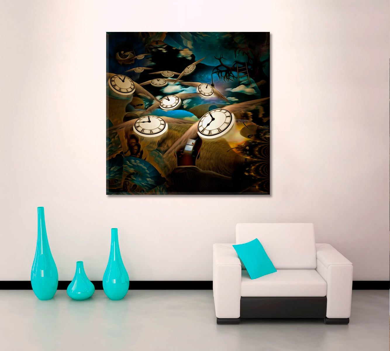 FLOW OF TIME Lord Eye And Winged Clocks Surreal Painting Surreal Fantasy Large Art Print Décor Artesty   