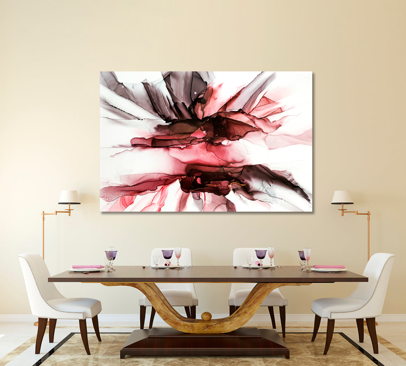 MAROON TONES Modern Colorful Splash Marble Alcohol Ink Pattern Fluid Art, Oriental Marbling Canvas Print Artesty   