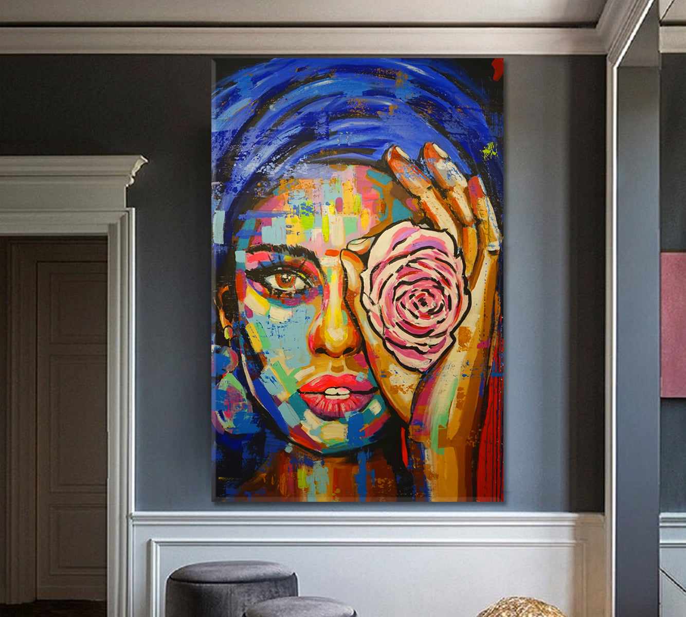 Beautiful Girl With Rose Colorful Canvas Print - Vertical People Portrait Wall Hangings Artesty   