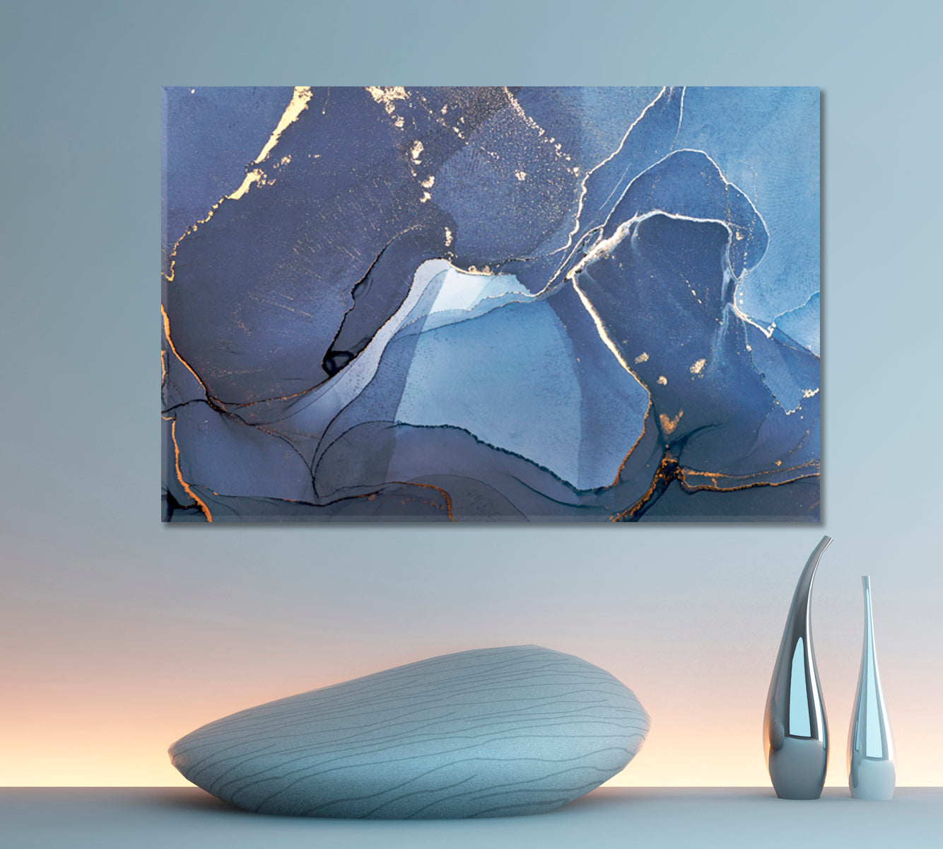 Bright Blue Abstract Marble Veines Fluid Art, Oriental Marbling Canvas Print Artesty   