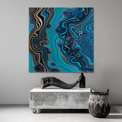 TURQUOISE BLUE AND GOLD VIENS Marble Effect Pattern Trendy Canvas Print - Square Fluid Art, Oriental Marbling Canvas Print Artesty   