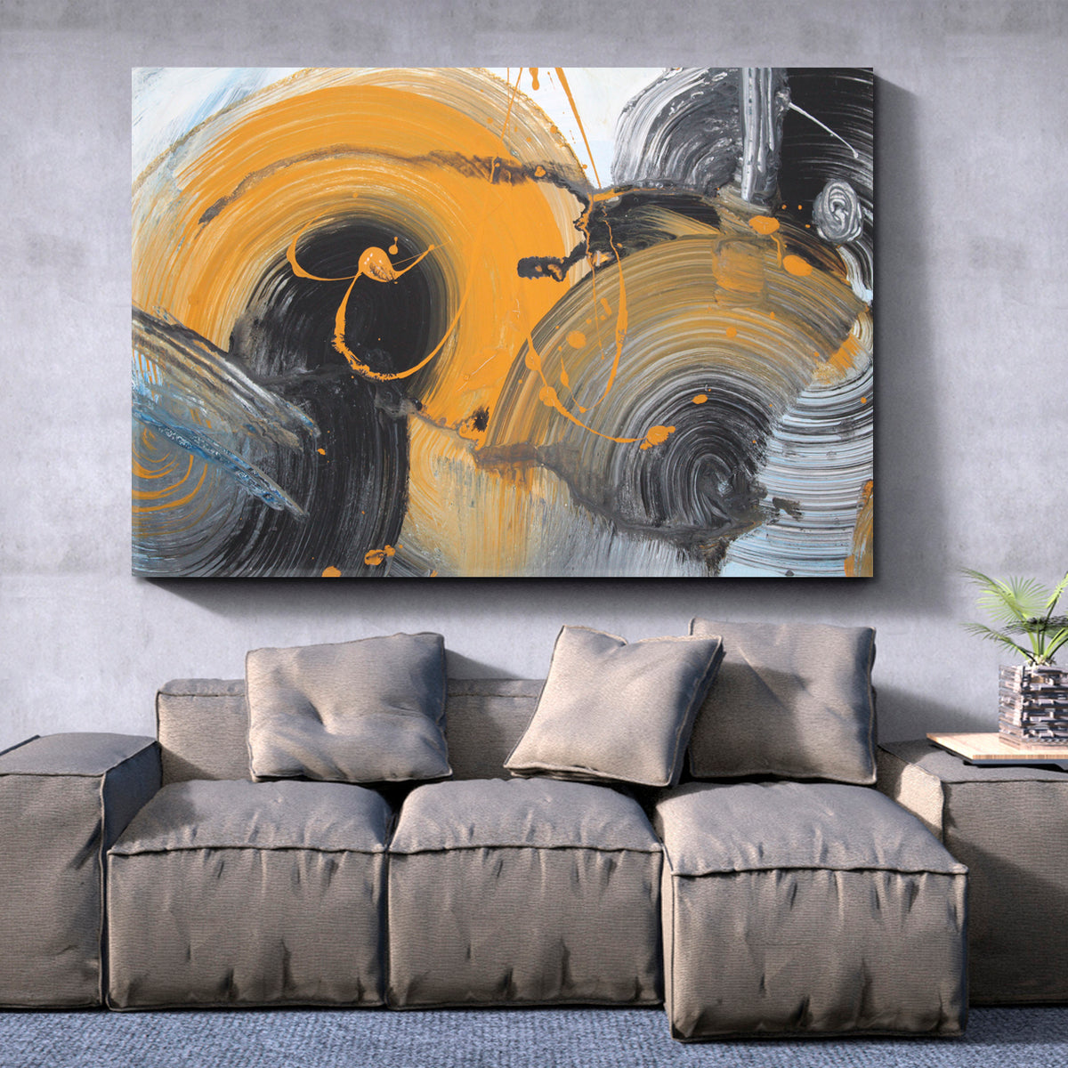 Black Grey White Yellow Colors Brushstrokes Abstract Trendy Style Contemporary Art Artesty 1 panel 24" x 16" 