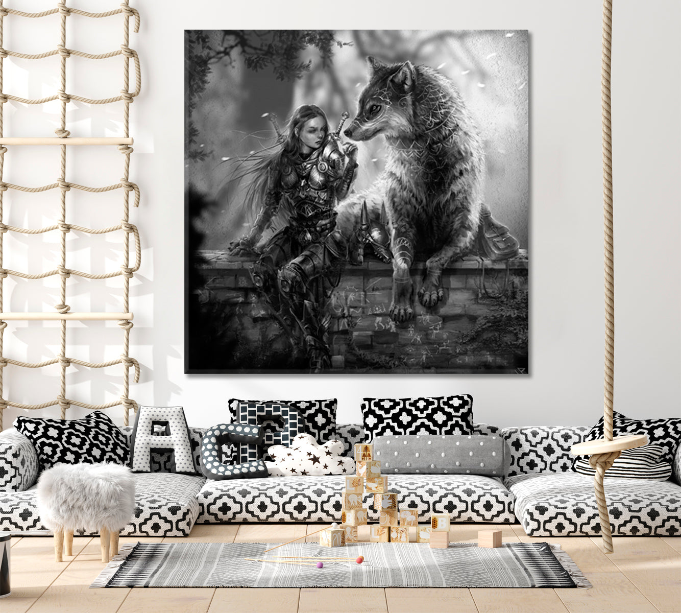 LADY OF WOLVES Mystical Woman Wild Wolf Fantasy Concept Canvas Print - Square Surreal Fantasy Large Art Print Décor Artesty   