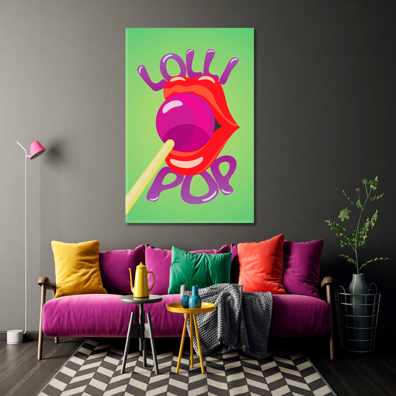 POP ART Lips & Lollipop Light Green Purple Red Colorful Poster Pop Art Canvas Print Artesty   