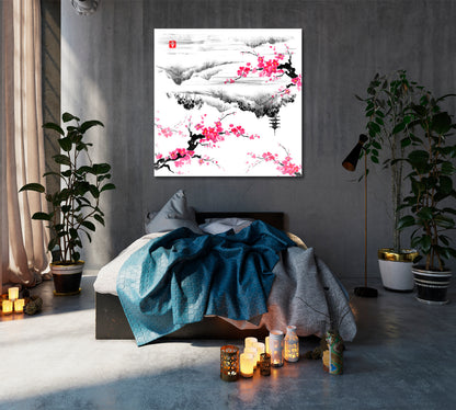 Oriental Landscape Sakura Branches Lake Hills Traditional Japanese Art | Square Asian Style Canvas Print Wall Art Artesty   