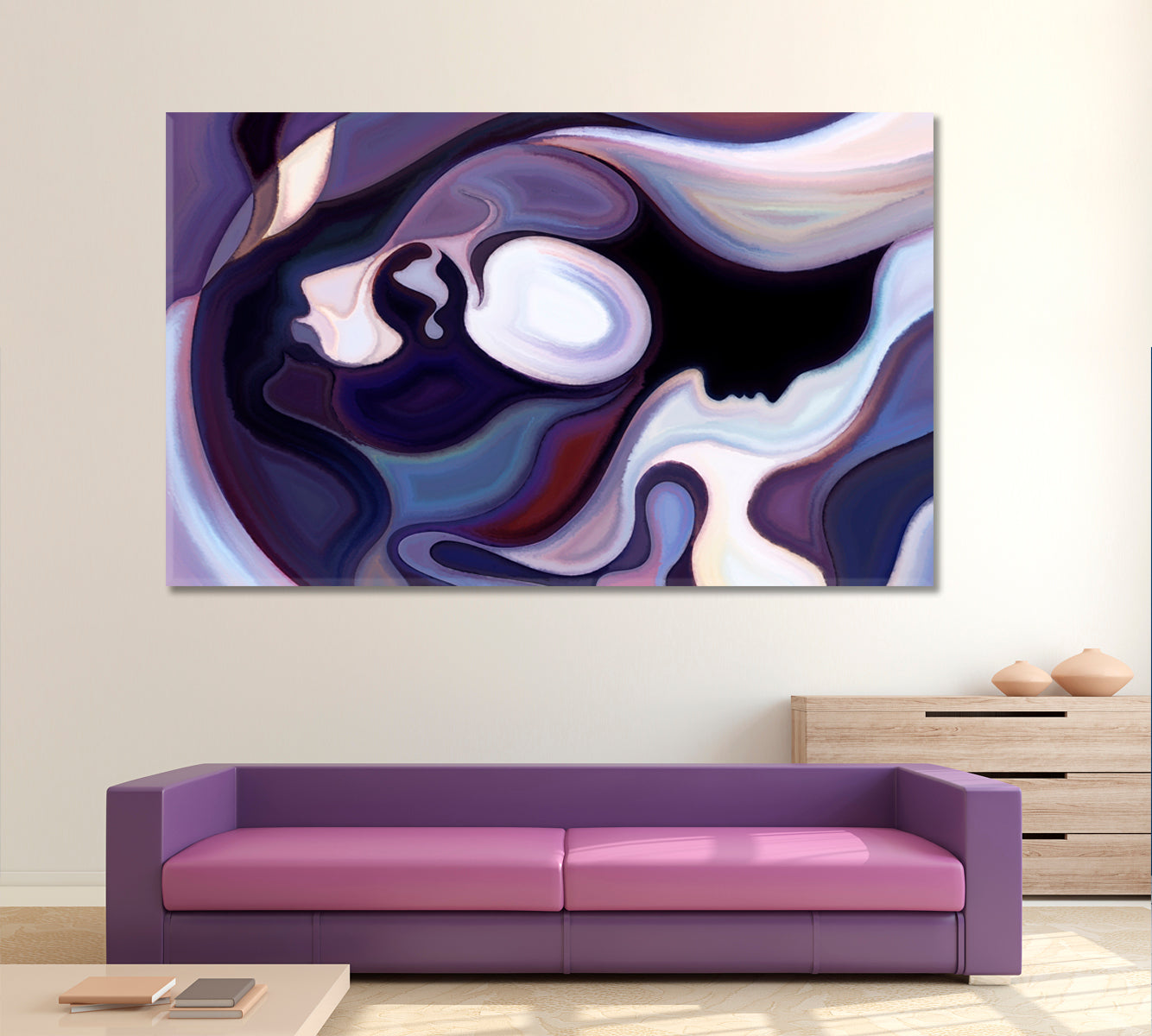 People And Refined Lines In Blue Lilac Purple Colors Abstract Art Print Artesty 1 panel 24" x 16" 