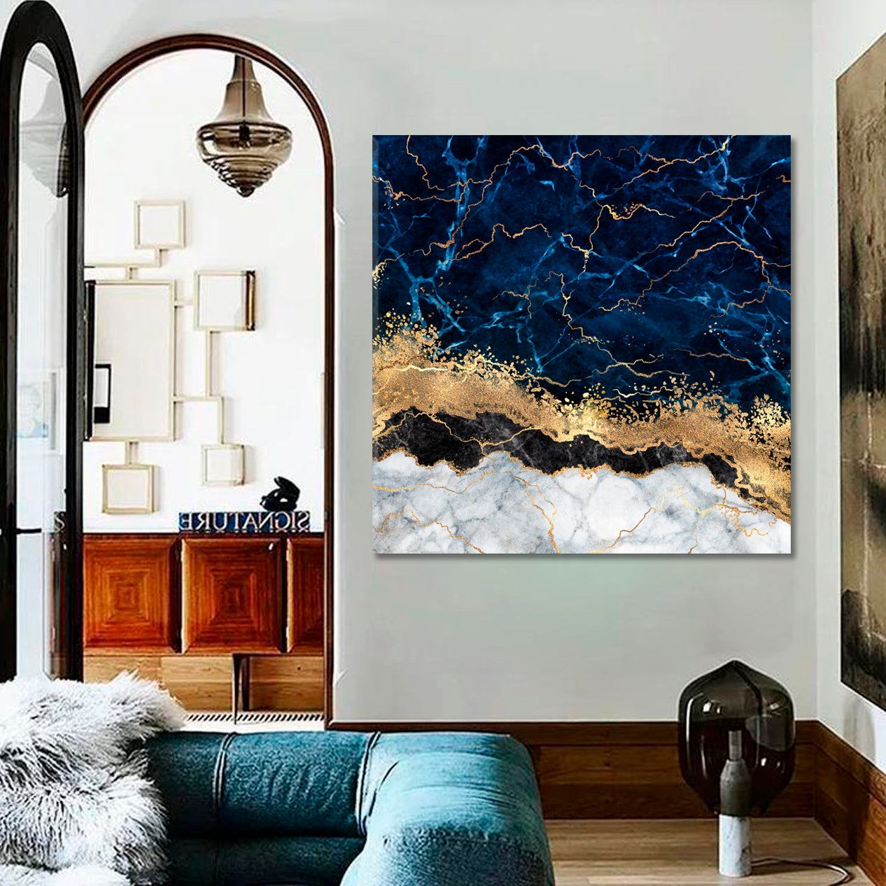 Navy Blue And Gold Abstract Marbling Natural Stone Luxury Style Canvas Print - Square Fluid Art, Oriental Marbling Canvas Print Artesty   