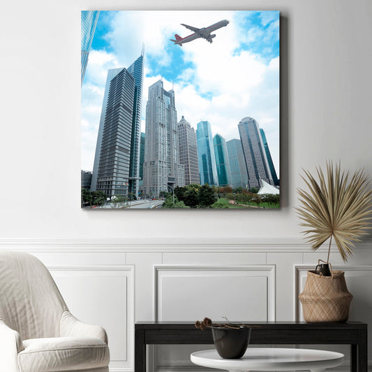 Modern Building Airplane Under Sky Shanghai Skyscrapers Cities Wall Art Artesty 1 Panel 12"x12" 