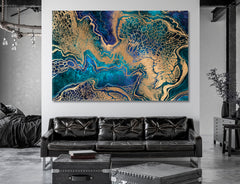 NAVY BLUE GOLD EFFECT Marble Swirls Creative Abstract Trendy Modern Canvas Print Fluid Art, Oriental Marbling Canvas Print Artesty   
