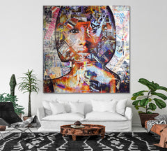 GIRL Focal Point in Abstract Art, Woman Face Grunge Style | Square Abstract Art Print Artesty   