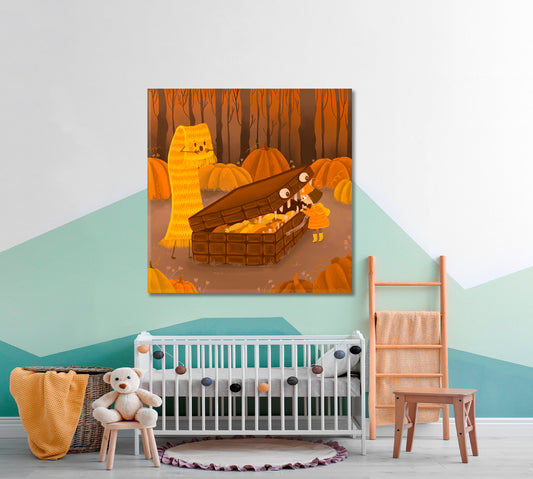 Huge Magical Fairy Chest Case Full of Sweets Kids Baby Nursery Wall Art Canvas Print | Square Panel Kids Room Canvas Art Print Artesty