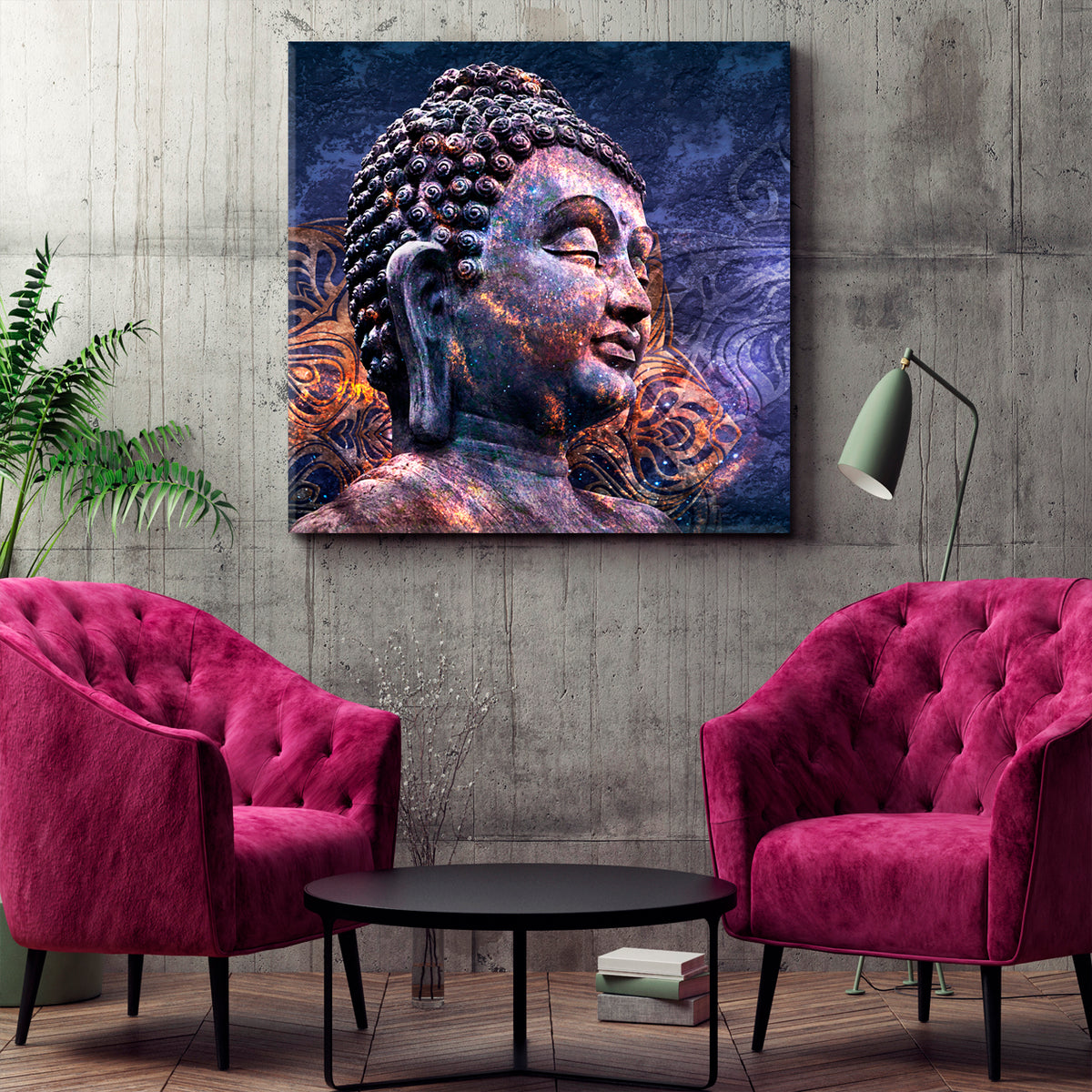 Head of Lord Buddha Profile Multicolored Psychedelic Religious Modern Art Artesty 1 Panel 12"x12" 