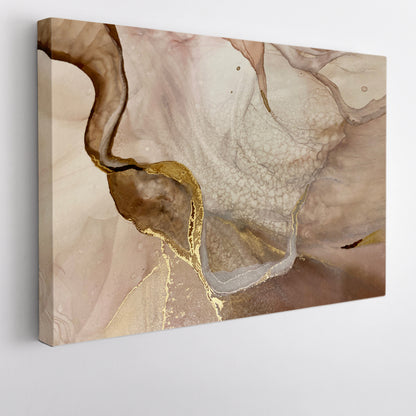 Tender Beige And Ivory Pastel Colors Golden Veins Abstract Marble Fluid Art, Oriental Marbling Canvas Print Artesty   