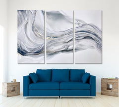Beautiful Tender Blue Gray Abstract Waves Marble Effect Painting Fluid Art, Oriental Marbling Canvas Print Artesty 3 panels 36" x 24" 