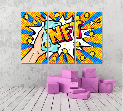 Hand Holding Phone NFT Pop Art Poster Office Wall Art Canvas Print Artesty 3 panels 36" x 24" 