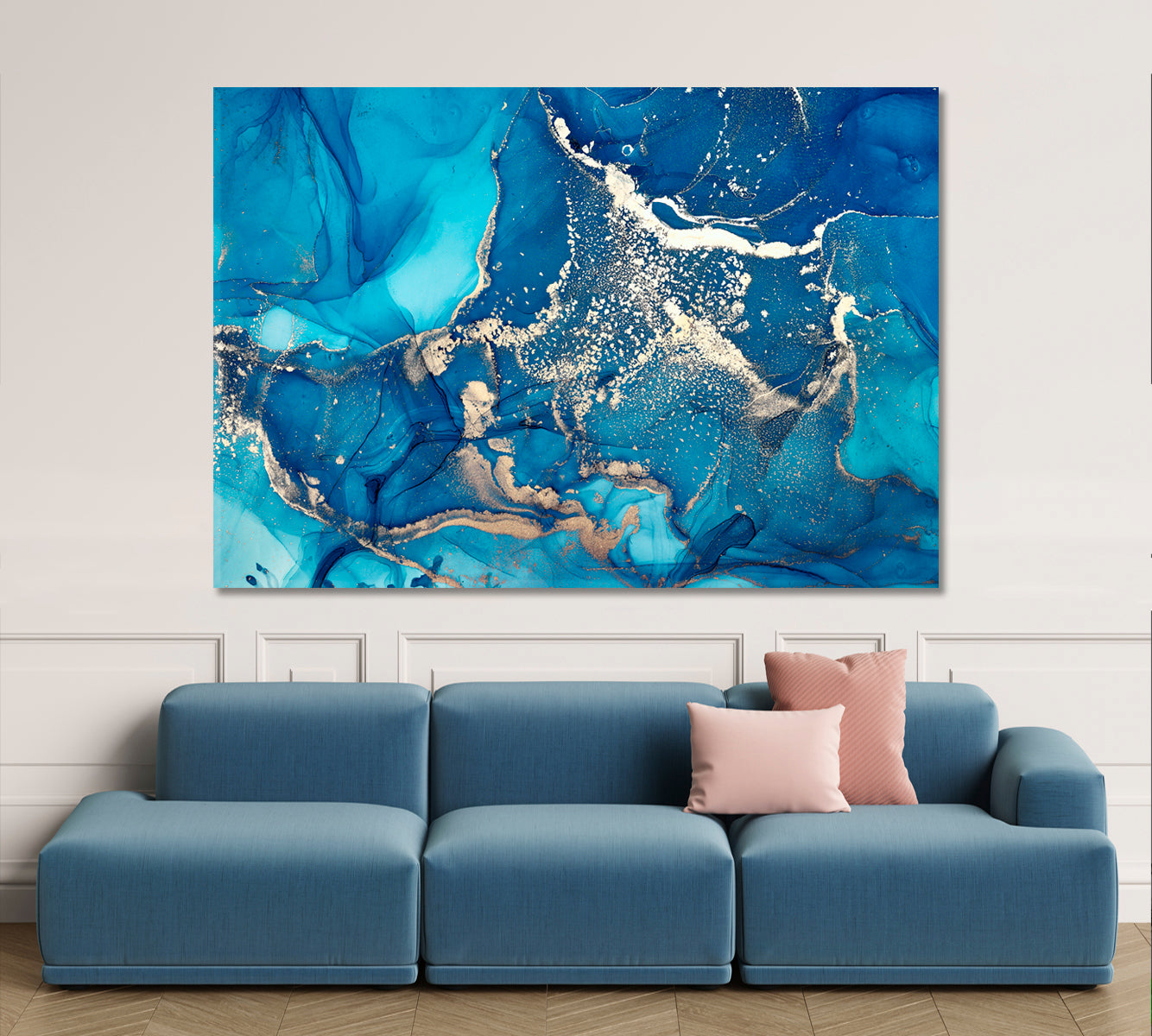 Modern Fluid Art Marble Alcohol Ink Sky Blue Art Design Fluid Art, Oriental Marbling Canvas Print Artesty   