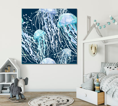 JELLYFISH | Blue Ocean Abstract Jellyfish Canvas Print - Square Panel Nautical, Sea Life Pattern Art Artesty   