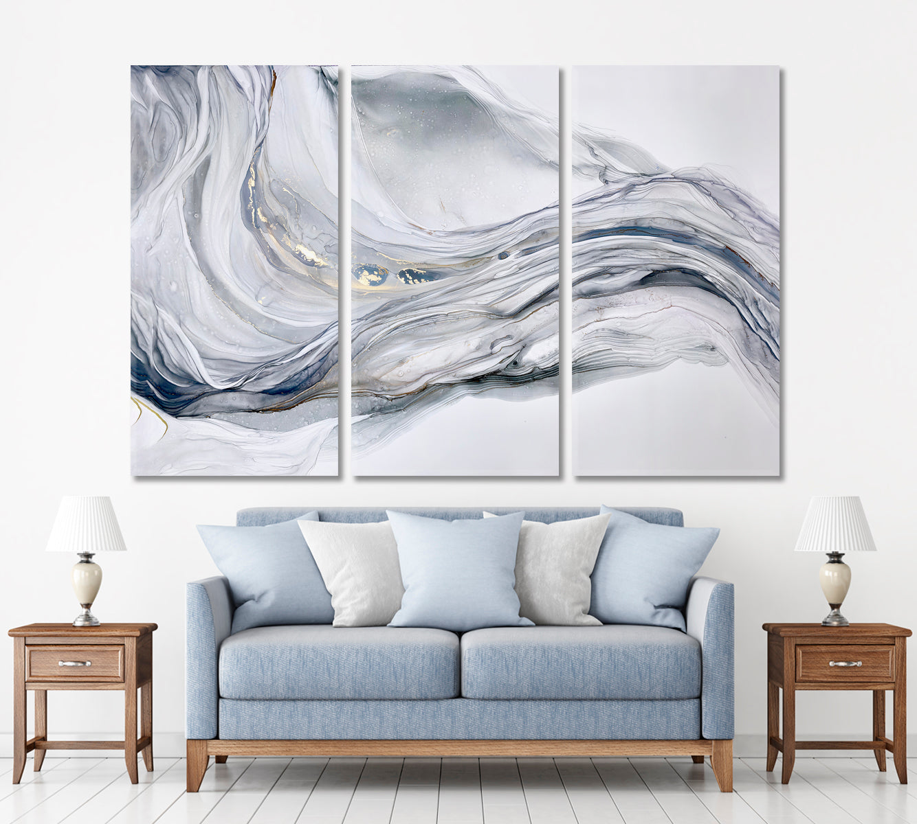 Beautiful Tender Blue Gray Abstract Waves Marble Effect Painting Fluid Art, Oriental Marbling Canvas Print Artesty   