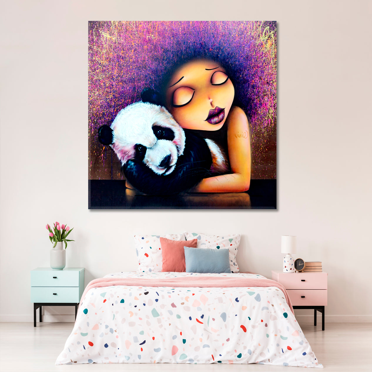 Girl & Panda Vinie and Doudou Graffiti Viniegraffiti Canvas Print | Square Panel Street Art Canvas Print Artesty   