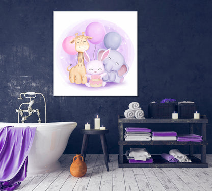 Cute Little Giraffe Rabbit and Elephant Sweet Kids Baby Nursery Art Print | Square Panel Kids Room Canvas Art Print Artesty   