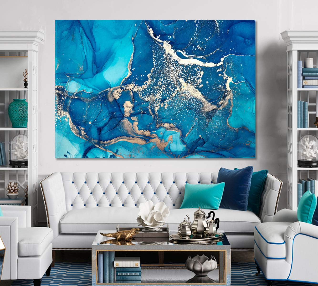 Modern Fluid Art Marble Alcohol Ink Sky Blue Art Design Fluid Art, Oriental Marbling Canvas Print Artesty 1 panel 24" x 16" 