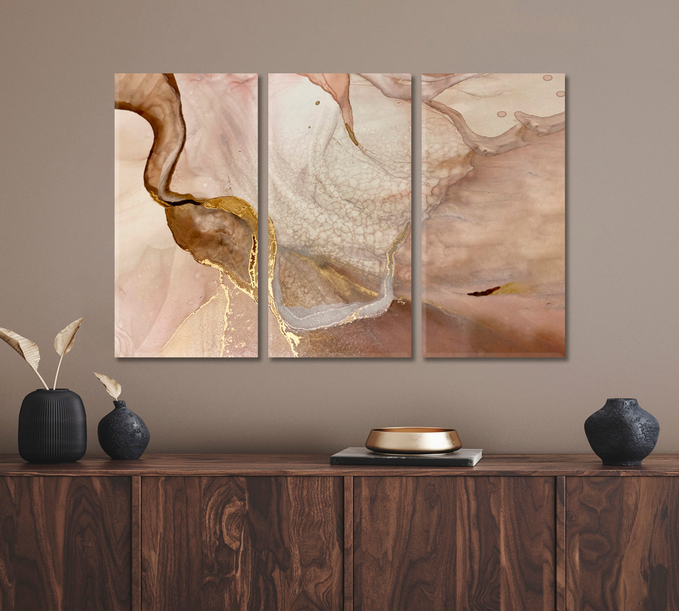 Tender Beige And Ivory Pastel Colors Golden Veins Abstract Marble Fluid Art, Oriental Marbling Canvas Print Artesty   