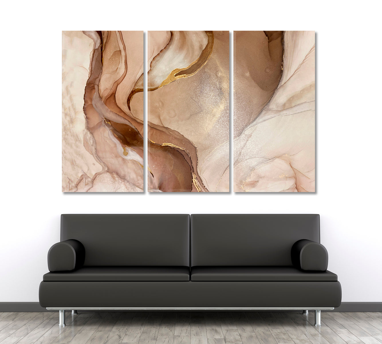 Abstract Marble Beige Golden Veins Neutral Earth Tones Ink Painting Fluid Art, Oriental Marbling Canvas Print Artesty   