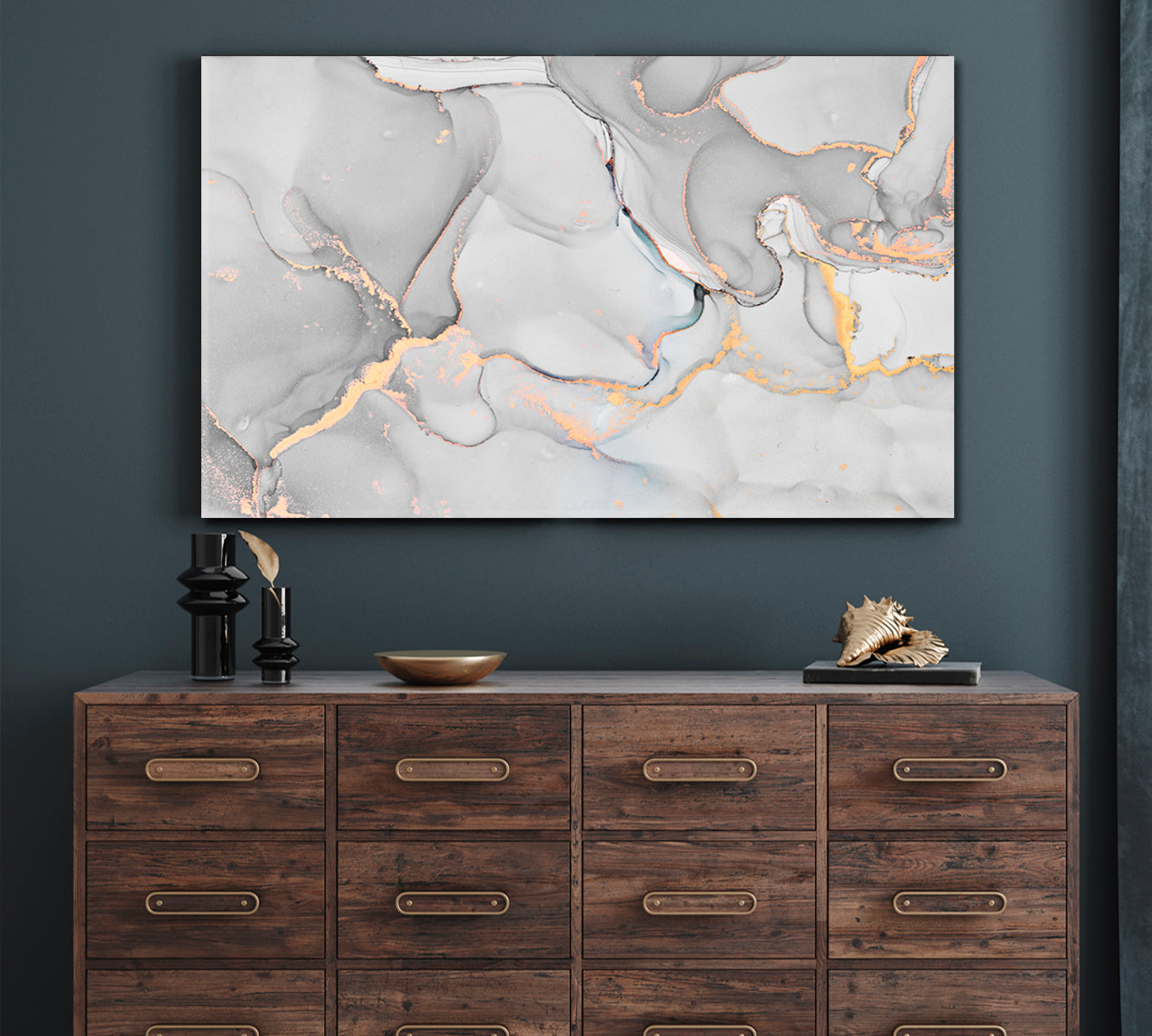 MARBLE Tender Gray White Transparent Waves Abstract Fluid Painting Fluid Art, Oriental Marbling Canvas Print Artesty   