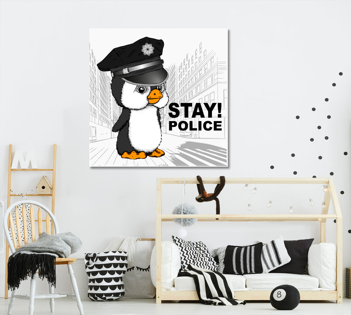 Cute Sweet Penguin Police Cap, Funny Whimsy Animals KIDS ROOM CONCEPT Canvas Print | Square Panel Kids Room Canvas Art Print Artesty   