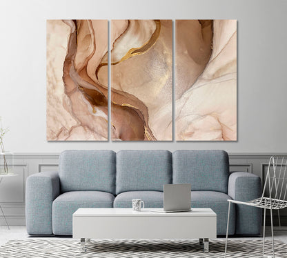 Abstract Marble Beige Golden Veins Neutral Earth Tones Ink Painting Fluid Art, Oriental Marbling Canvas Print Artesty   