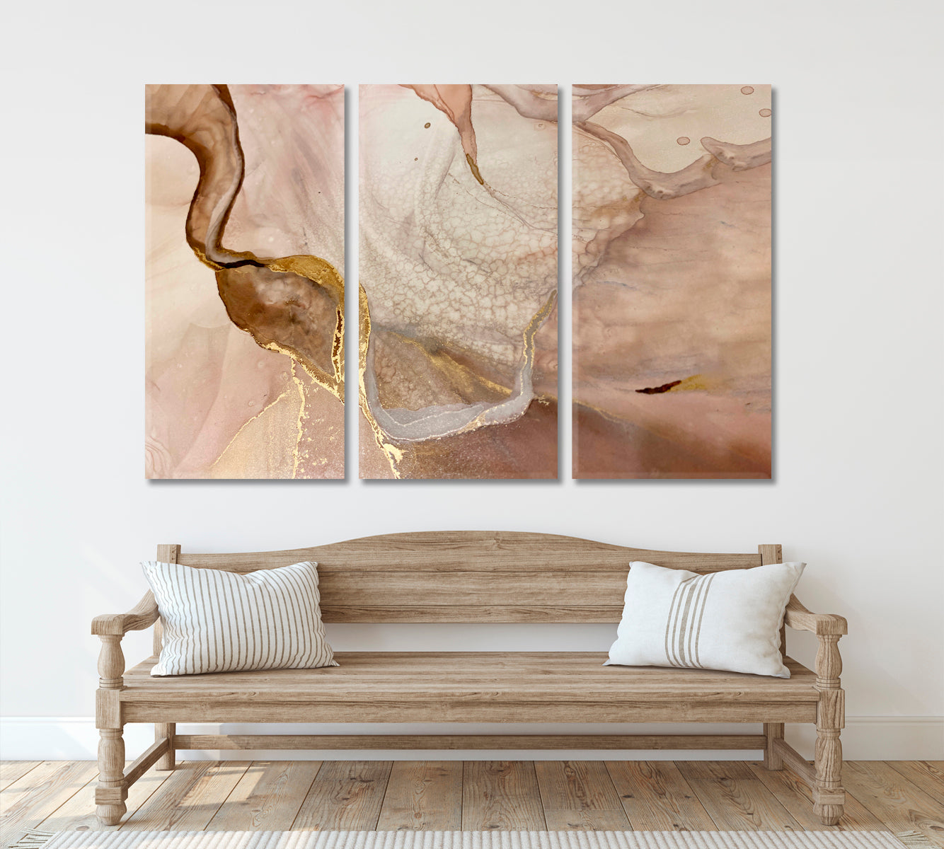 Tender Beige And Ivory Pastel Colors Golden Veins Abstract Marble Fluid Art, Oriental Marbling Canvas Print Artesty 3 panels 36" x 24" 
