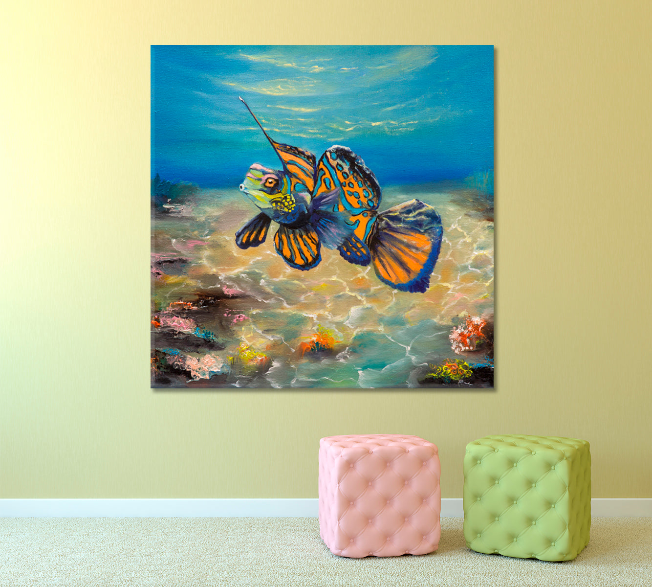 UNDERWATER SEA LIFE Mandarin Fish Sea Bottom Landscape Nautical Corals - Square Panel Nautical, Sea Life Pattern Art Artesty   