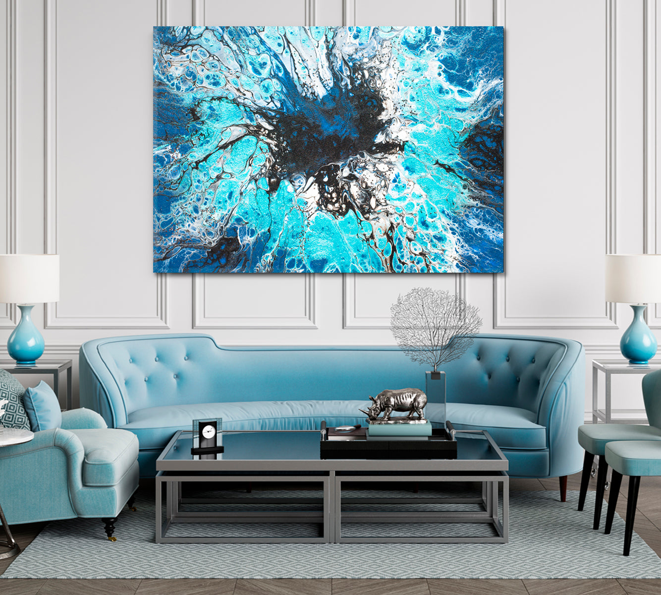 Vibrant Blue Turquoise Black Stains Abstract Geode Resin Painting Fluid Art, Oriental Marbling Canvas Print Artesty   